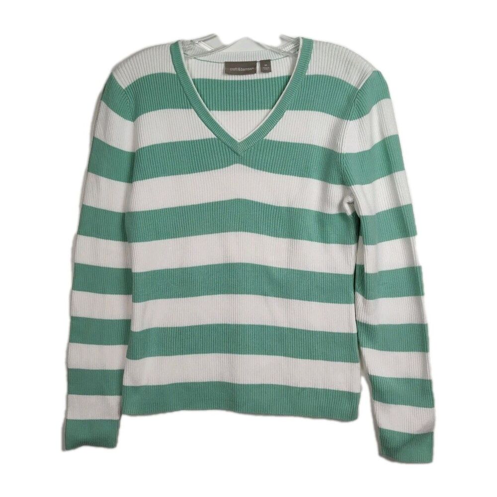 Croft & Barrow V-Neck Sweater Women's M Mint Green/White Stripes Long Sleeves